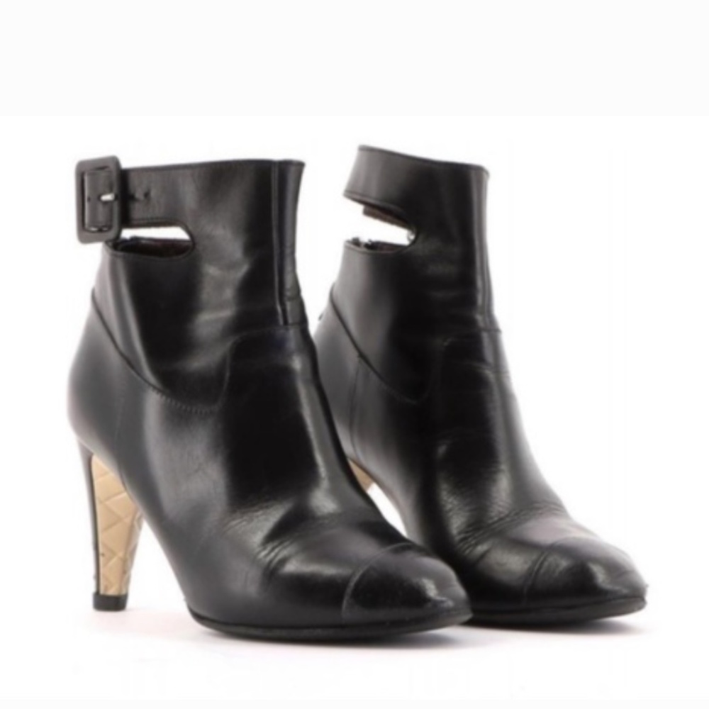 Chanel Black Calfskin Heeled Ankle Boots
